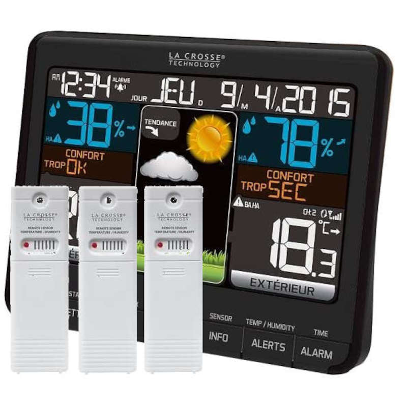 WS6825 - LA CROSSE TECHNOLOGY - Station Météo Thermo/hygro LCD Couleur,  alarmes, prise USB et 3 canaux