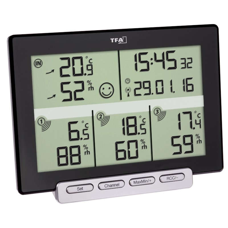 T-30.3057+8xLR6 - TFA - Station Thermomètre Hygromètre multi-zone avec  heure et mini maxi