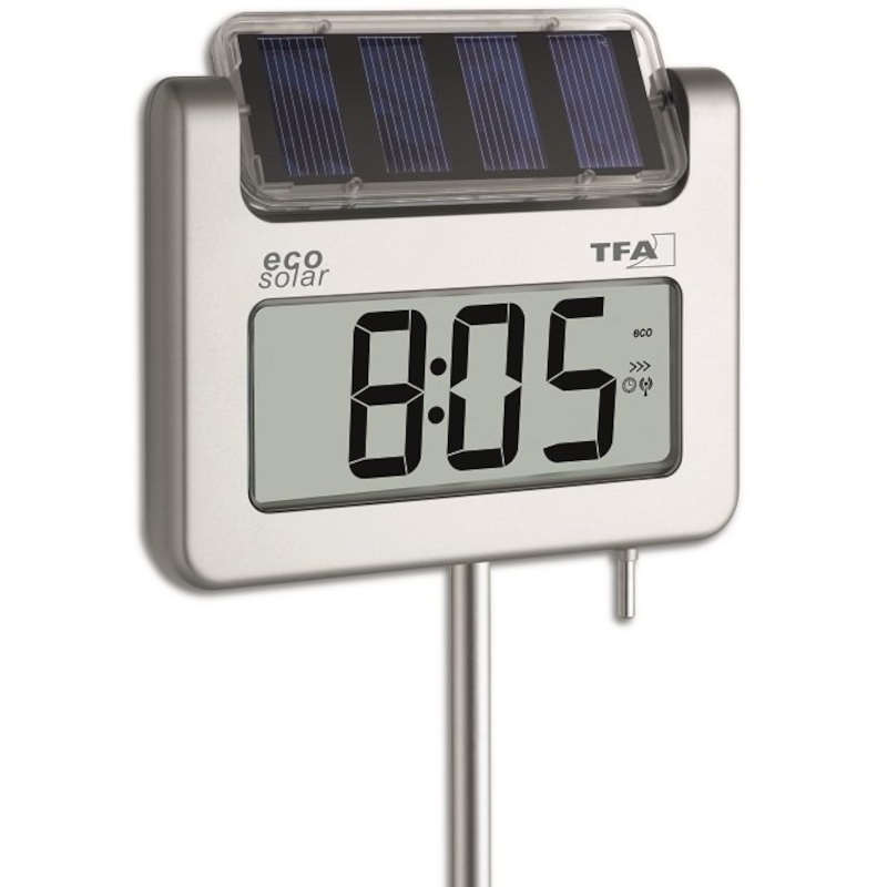 <h3>T302030.54 Thermomètre GEANT et solaire de jardin avec heure DCF77, mini maxi et rétro-éclairage TFA<h3>