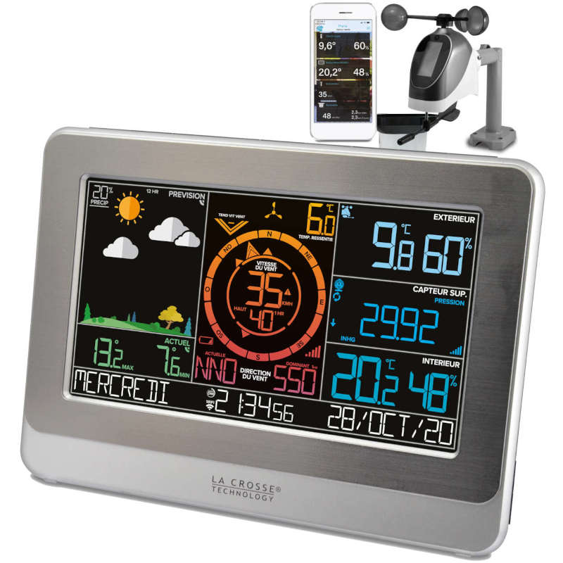 WS6869+5LR6 - LA CROSSE TECHNOLOGY - Station Météo Pro wifi couleur,  alarmes sur smartphone, mesures locales enrichies LacrosseView